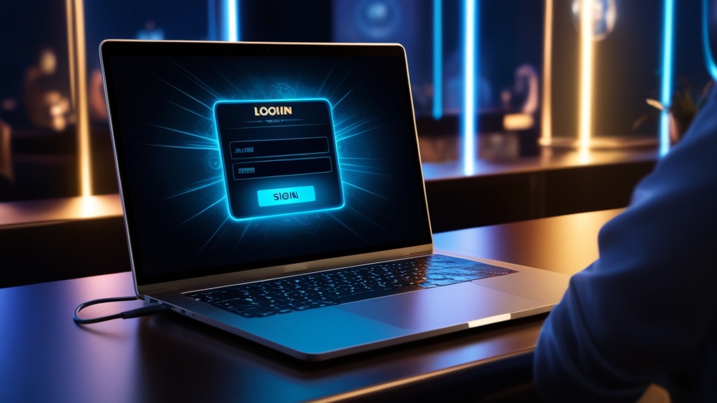 شاشة تسجيل دخول إلى حساب كازينو على لابتوب بإضاءة نيون داكنة
